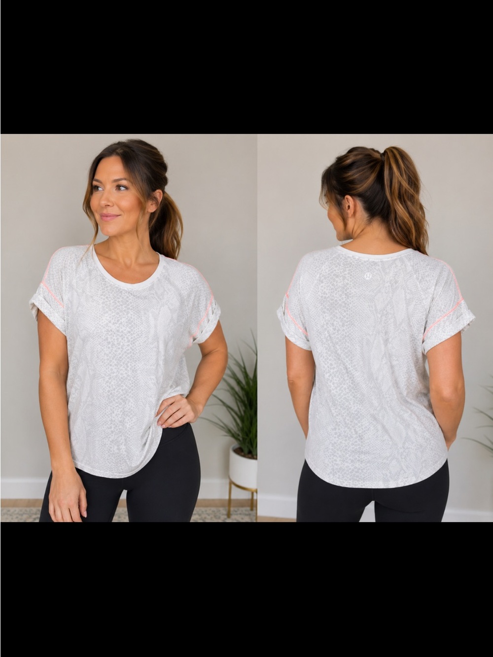 Lululemon Athletic Snakeskin Print Tee Gray White Pink Stitch Short Sleeve Top